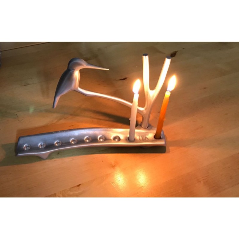 Shraga Landesman Hanukkah Menorah Kingfisher Bir... | Hanukkah Menorah