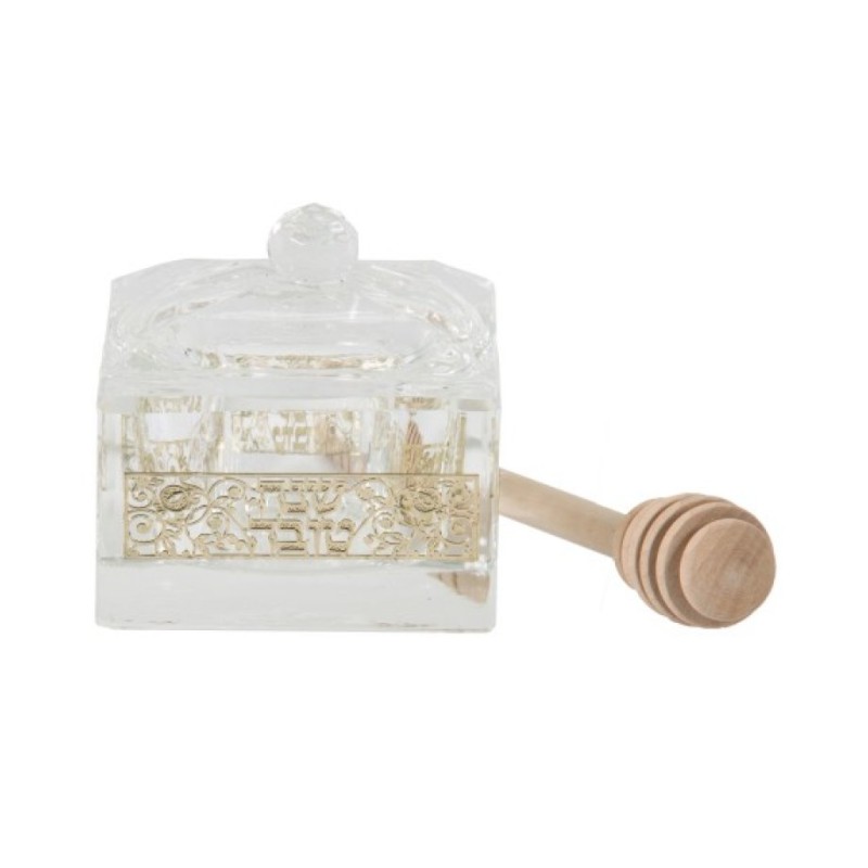 Square Crystal Honey Dish with Gold Decor... | Jewish Gift from Israel