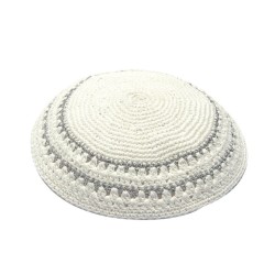 White Knitted Kippah with Large Stitch Silver Stripes | Knitted Kippah