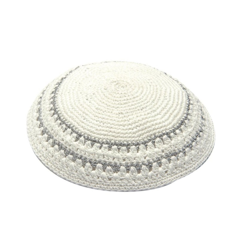 White Knitted Kippah with Large Stitch Silver Stripes | Knitted Kippah