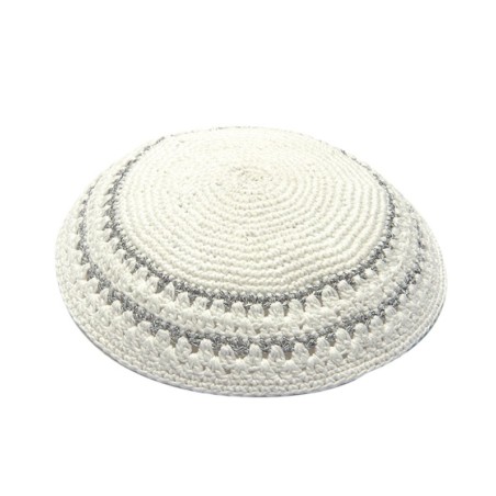 White Knitted Kippah with Large Stitch Silver Stripes | Knitted Kippah