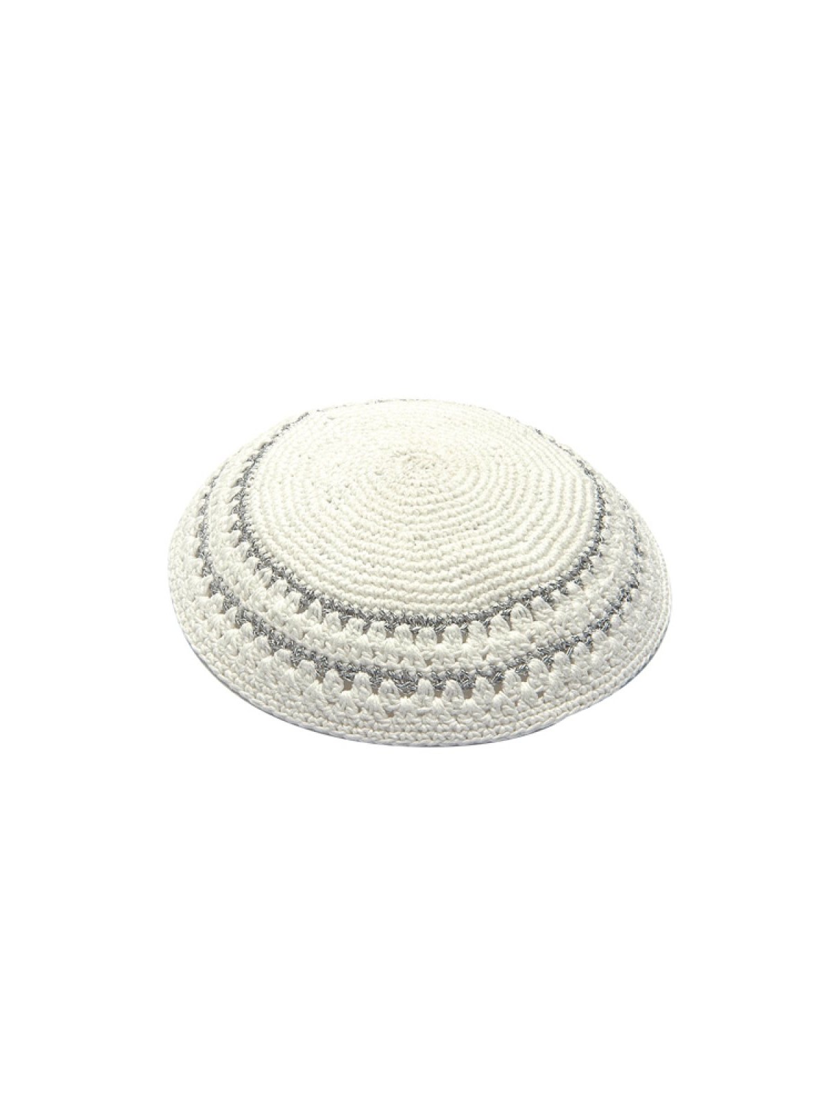 White Knitted Kippah with Large Stitch Silver Stripes | Knitted Kippah