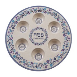 Assiette de Seder en mélamine bleue et blanc cassé avec fleur... | Assiettes du Séder