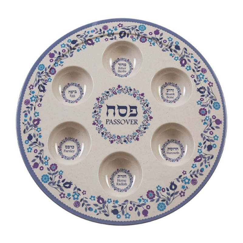Melamine Seder Plate Blue and Off White with Flower ... | Seder Plates