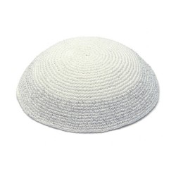 White Knitted Kippah with Elegant Silver Border | Knitted Kippah