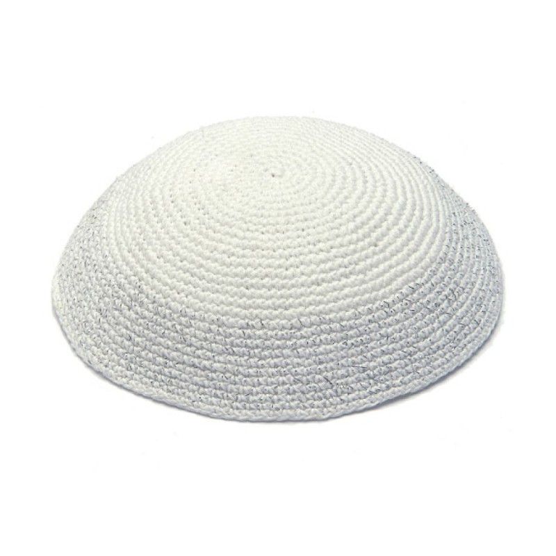White Knitted Kippah with Elegant Silver Border | Knitted Kippah