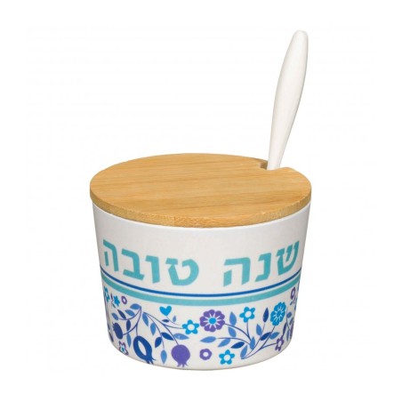 Rosh Hashanah Bamboo Honey Dish with Blue... | Jewish Gift from Israel