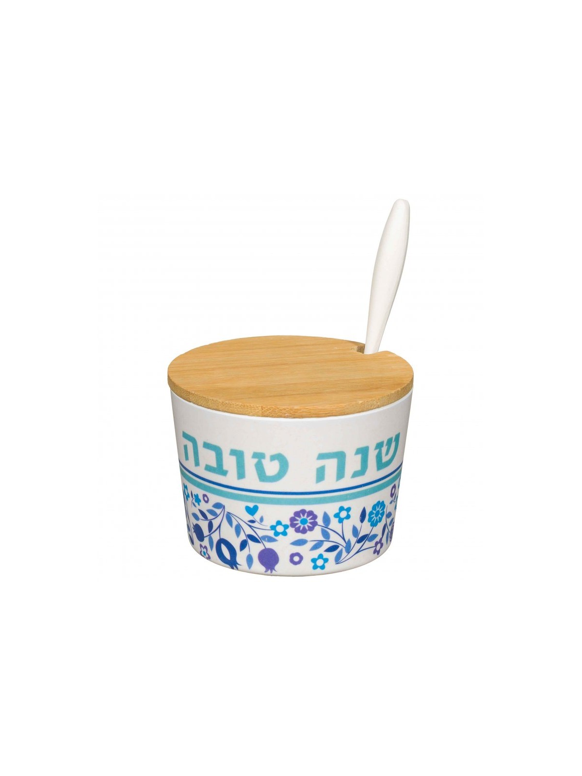 Rosh Hashanah Bamboo Honey Dish with Blue... | Jewish Gift from Israel