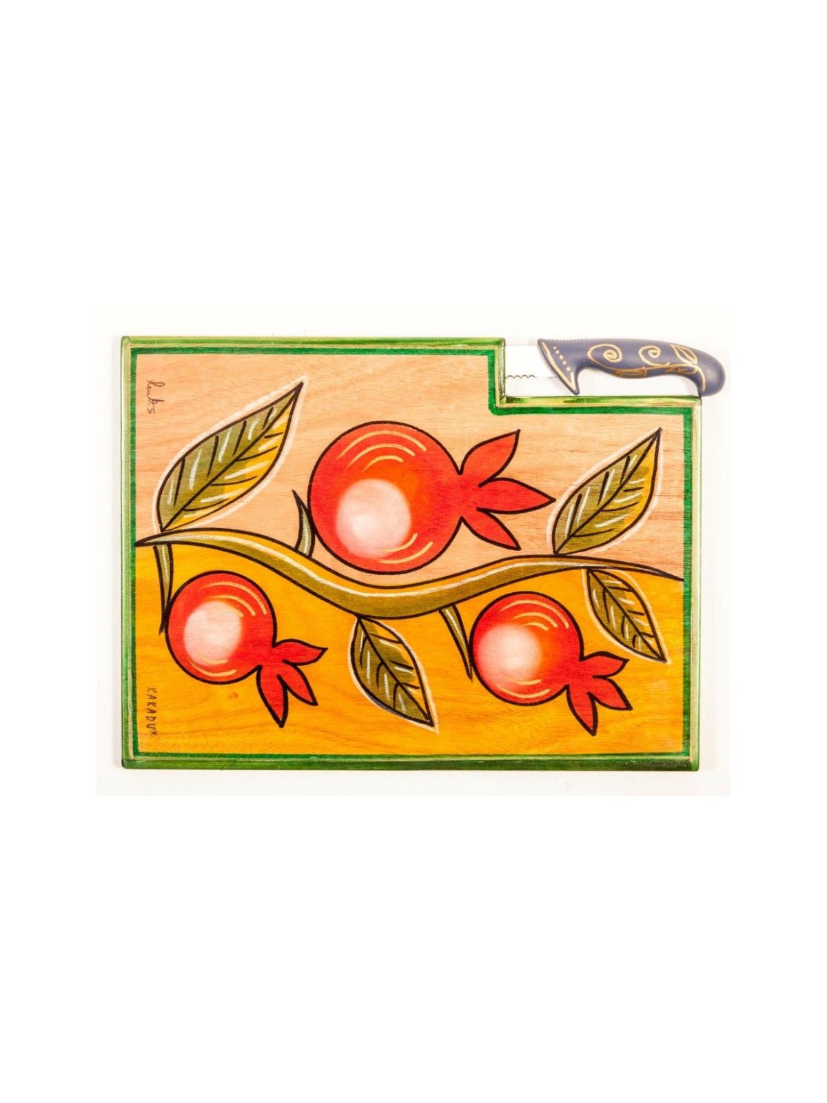 Kakadu Hand Painted Challah Board and Knife Pomegr... | Challah Boards