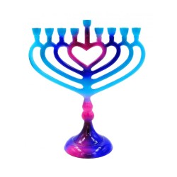 Blue and Pink Chanukah Menorah on Stem with Hear... | Hanukkah Menorah