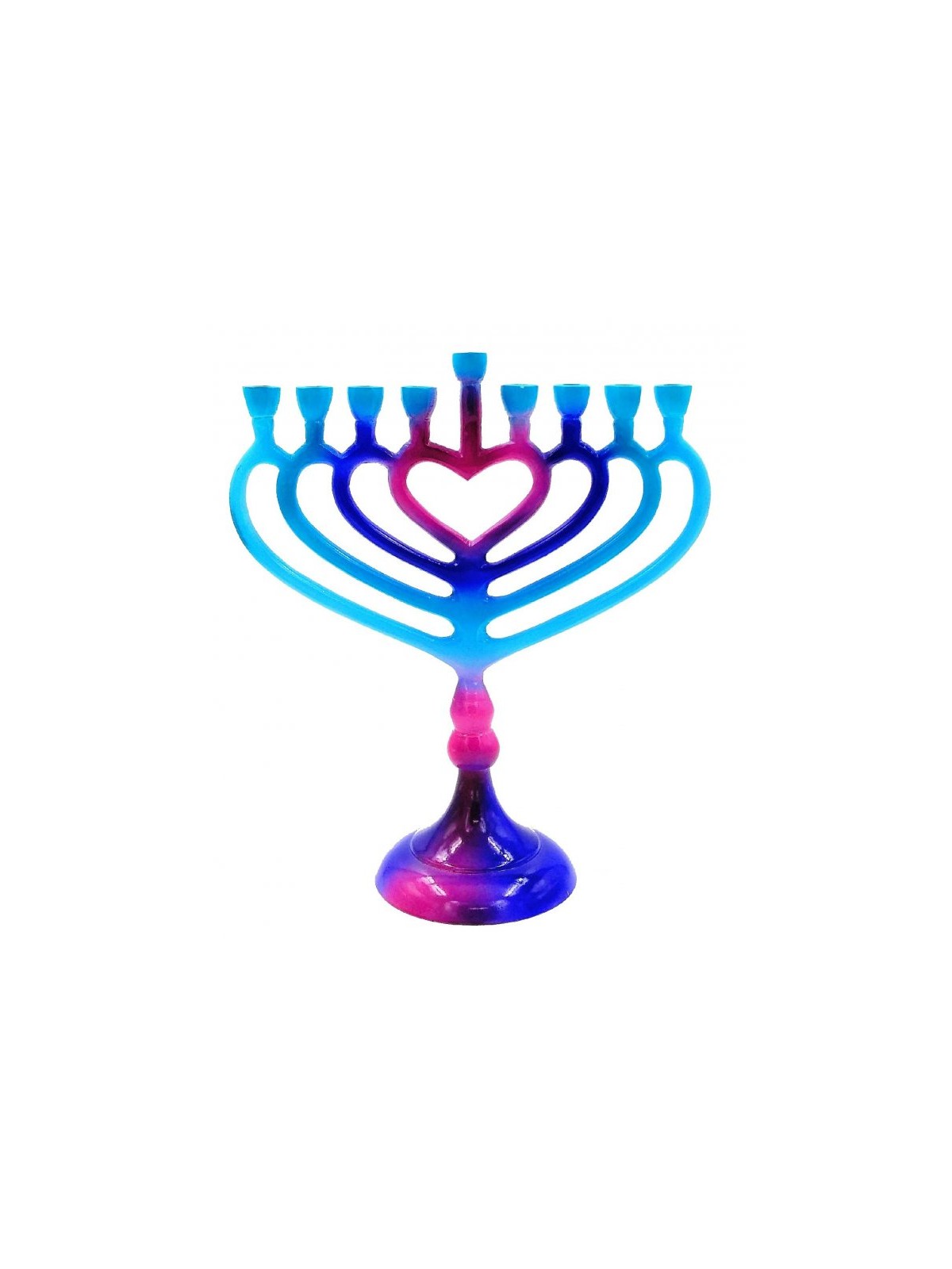 Blue and Pink Chanukah Menorah on Stem with Hear... | Hanukkah Menorah