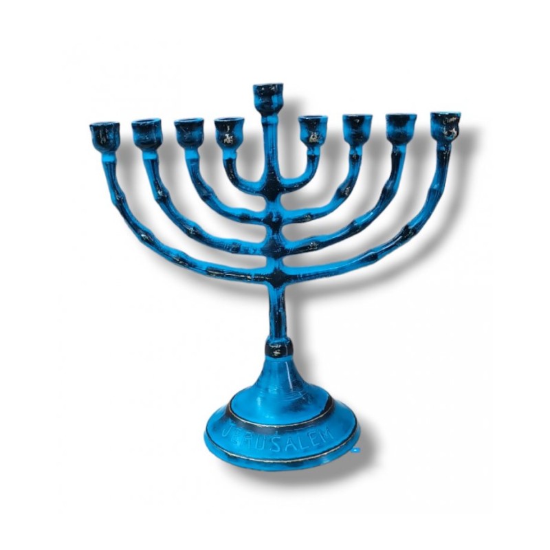 Small Blue Patina Chanukah Menorah For Candles 6... | Hanukkah Menorah