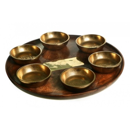 Rustic Wood Seder Plate with Six Matching Gold Alumi... | Seder Plates