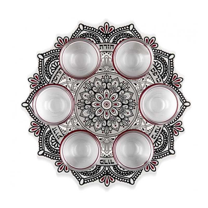 Dorit Judaica Seder Plate Mandala Design Maroon Blac... | Seder Plates
