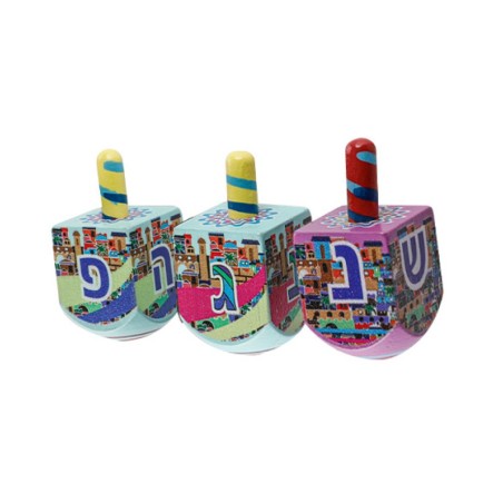 Colorful Wood Dreidel with Lively Colors Nes Gadol Haya Poh | Dreidels