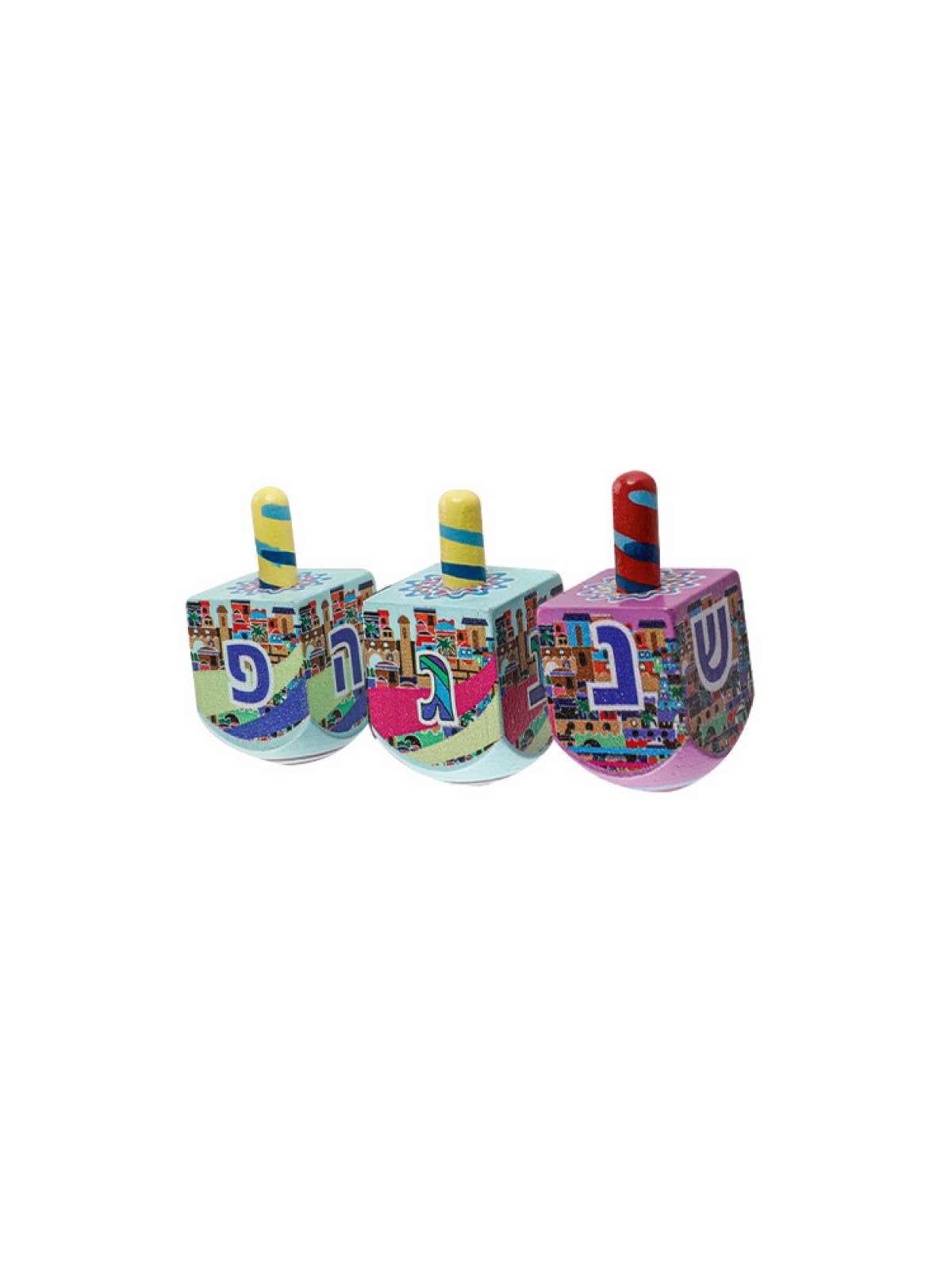 Colorful Wood Dreidel with Lively Colors Nes Gadol Haya Poh | Dreidels