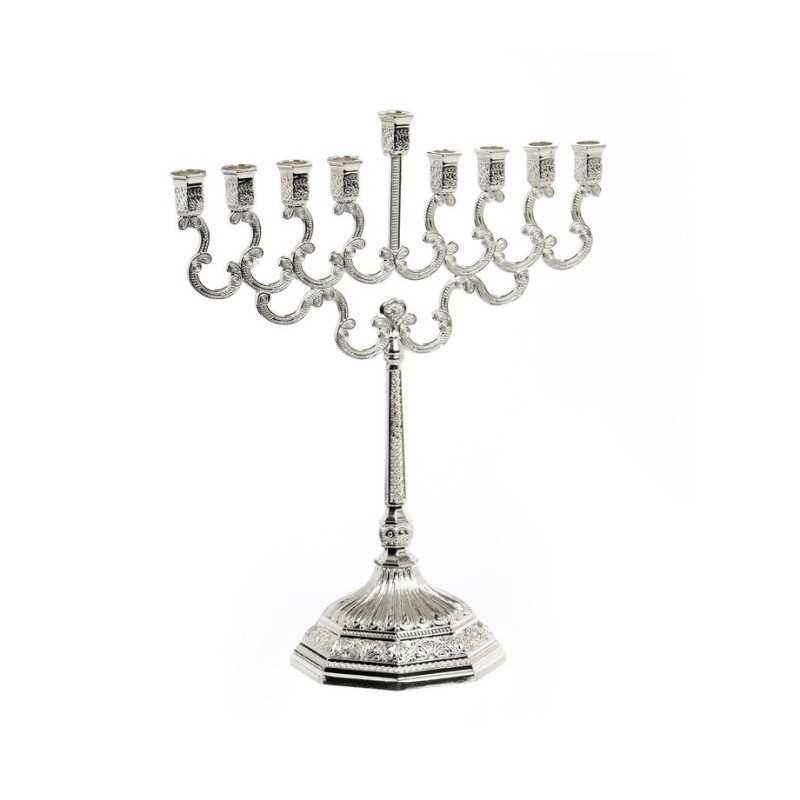 Nickel Plated Curly Design Chanukah Menorah Silv... | Hanukkah Menorah