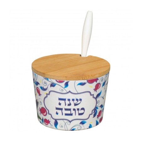 Rosh Hashanah Bamboo Honey Dish with Red ... | Jewish Gift from Israel