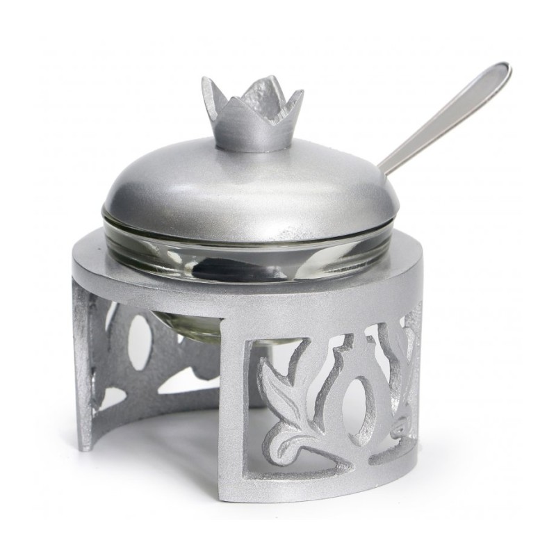 Rosh Hashanah Glass Honey Dish in Metal F... | Jewish Gift from Israel