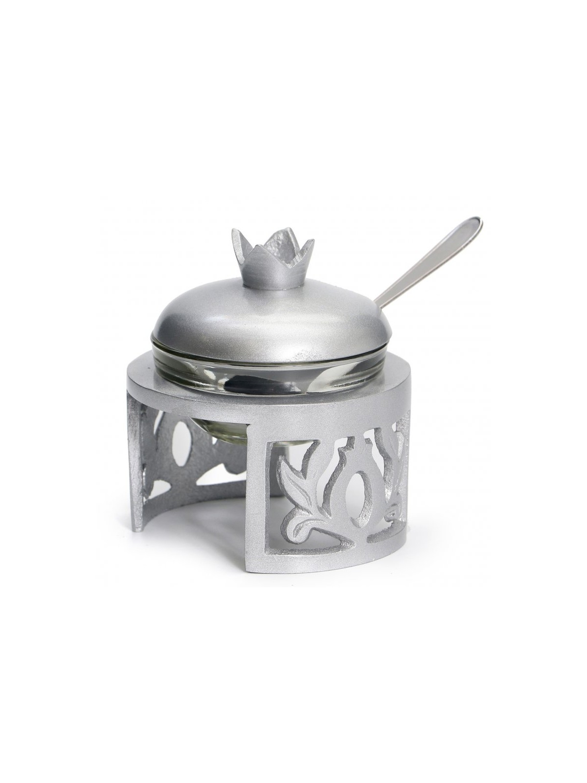 Rosh Hashanah Glass Honey Dish in Metal F... | Jewish Gift from Israel