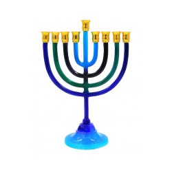 Blue Green Black Chanukah Menorah with Stem Alum... | Hanukkah Menorah