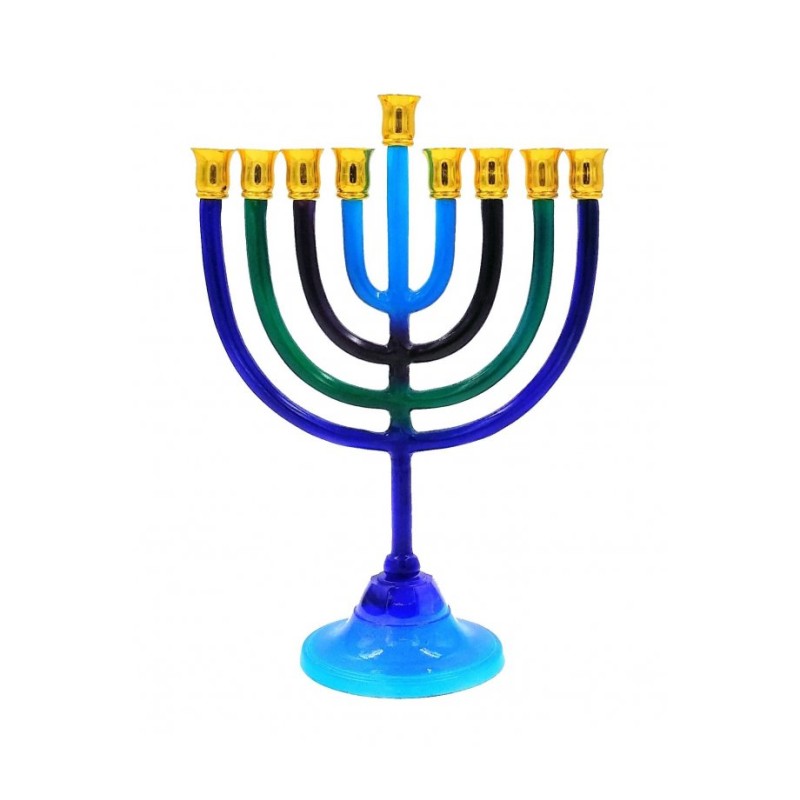 Blue Green Black Chanukah Menorah with Stem Alum... | Hanukkah Menorah