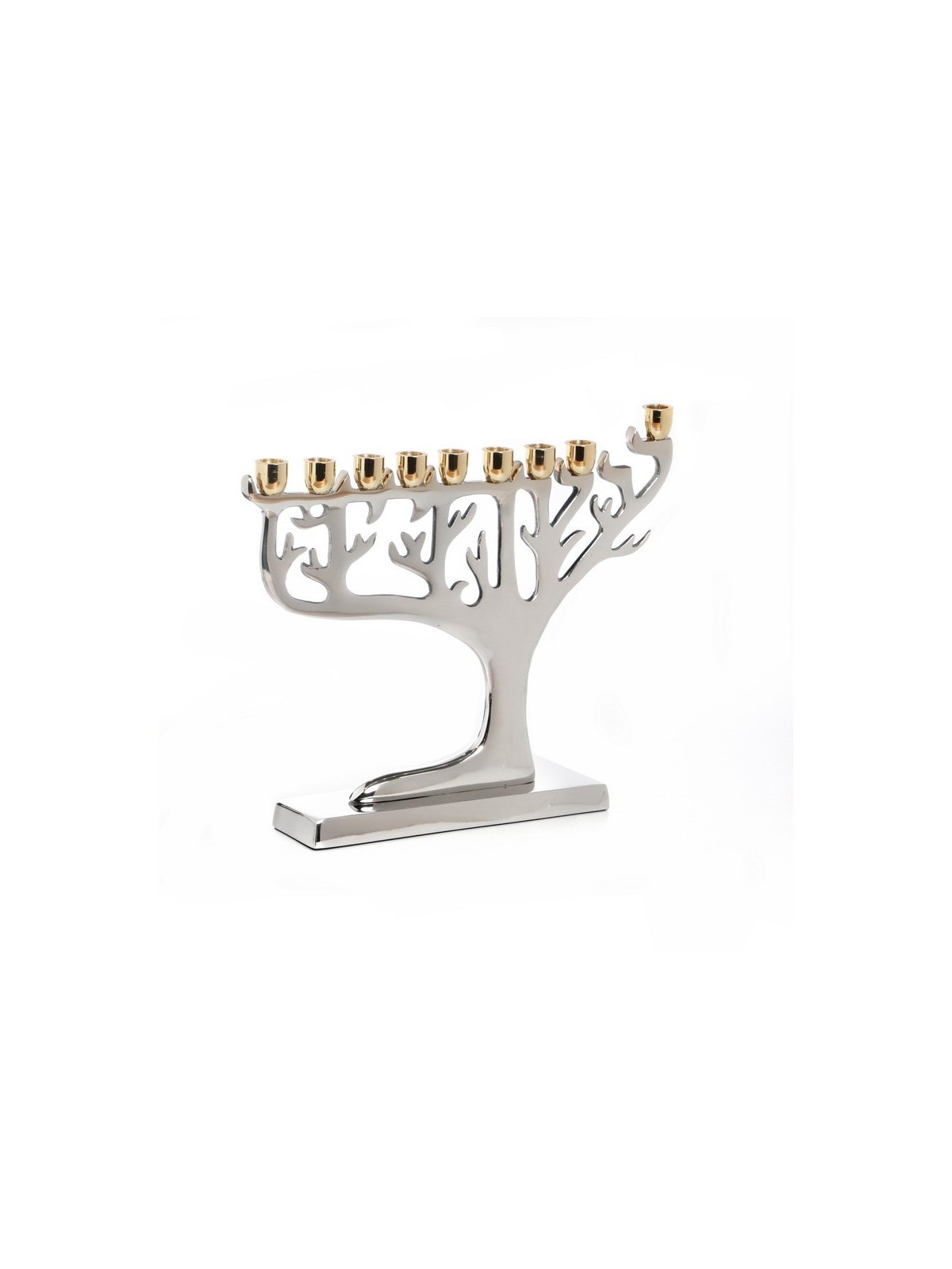Nickel Plated Chanukah Menorah with Gold Color C... | Hanukkah Menorah