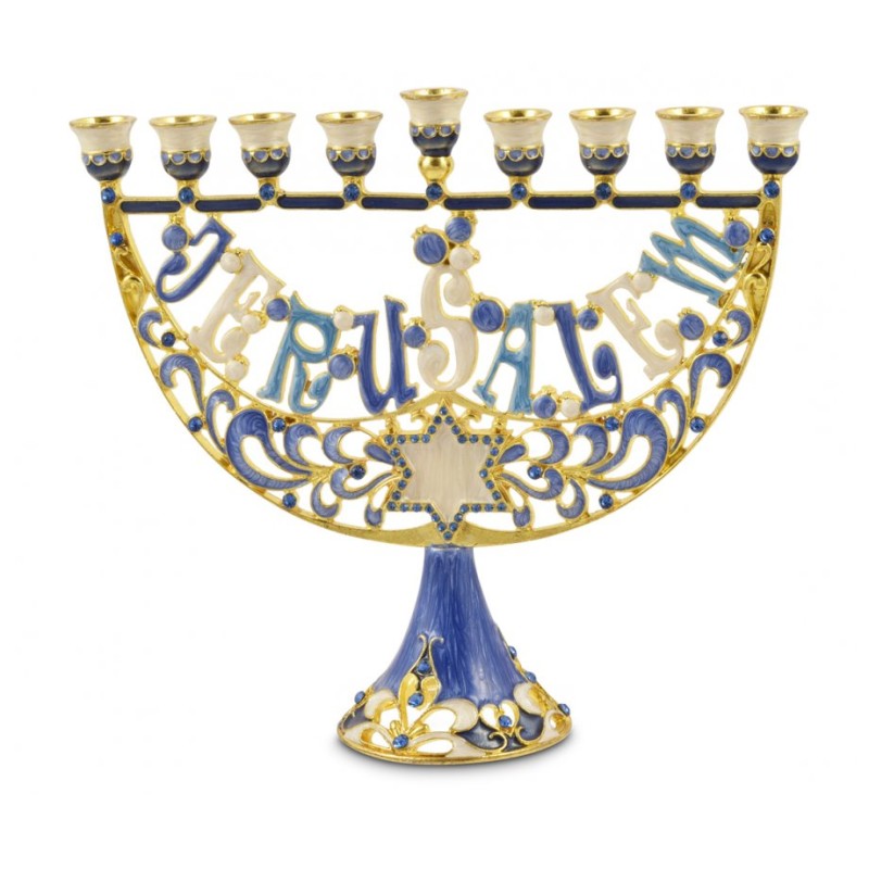 Menorah en émail étoile de David anglais Jérusalem B... | Hanoukka Menorah
