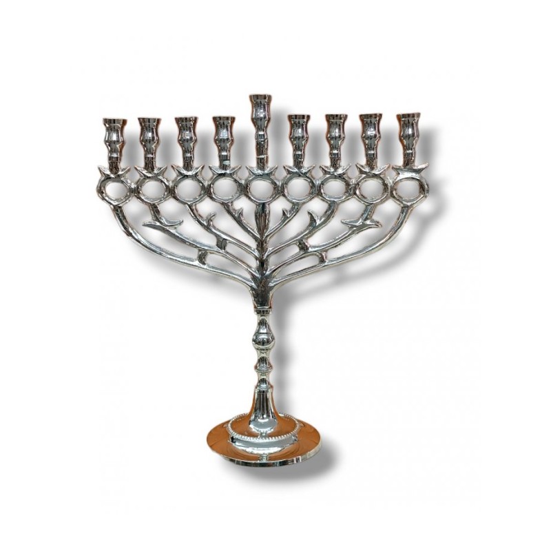 Nickel Chanukah Menorah with Pomegranate and Lea... | Hanukkah Menorah