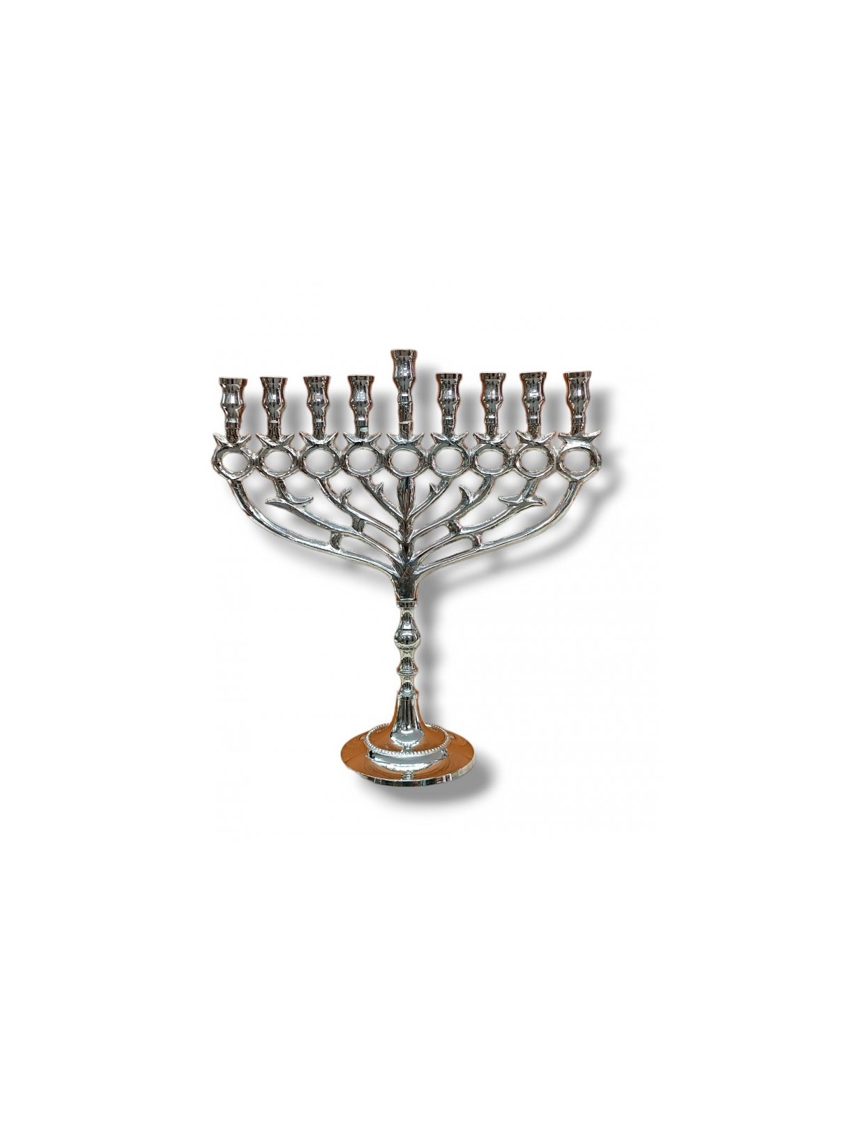 Nickel Chanukah Menorah with Pomegranate and Lea... | Hanukkah Menorah