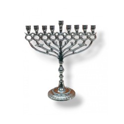 Nickel Chanukah Menorah with Pomegranate and Lea... | Hanukkah Menorah