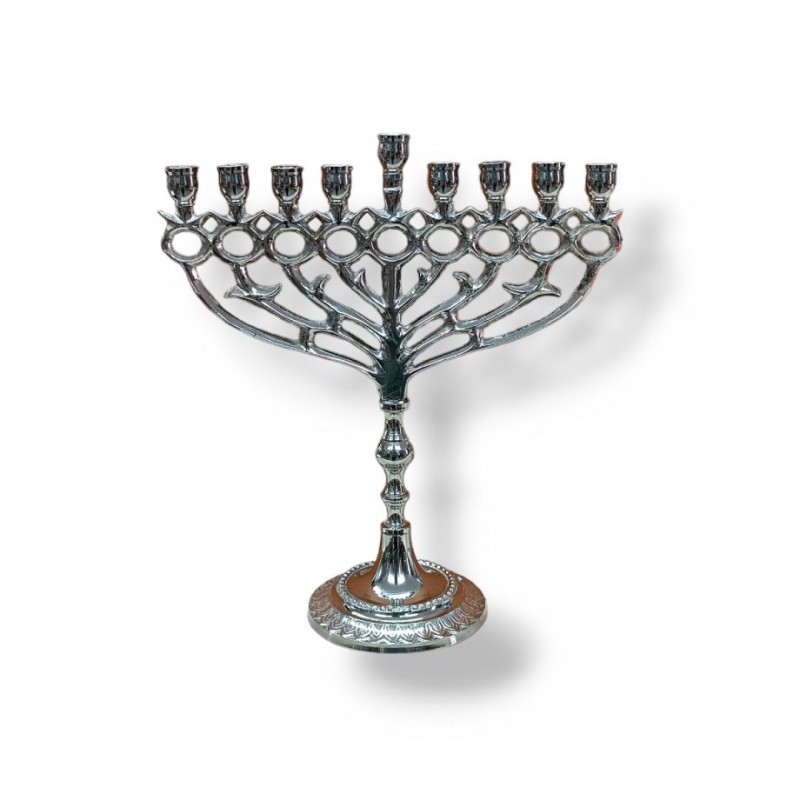 Nickel Chanukah Menorah with Pomegranate and Lea... | Hanukkah Menorah