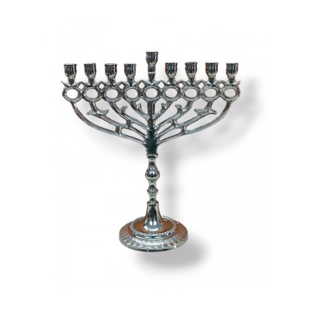 Nickel Chanukah Menorah with Pomegranate and Lea... | Hanukkah Menorah