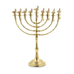 Hanukkah Menorah Golden Brass with Decorative Al... | Hanukkah Menorah