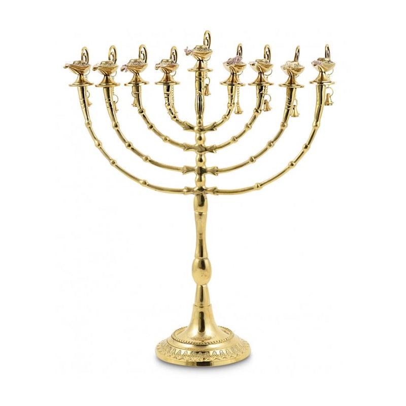 Hanukkah Menorah Golden Brass with Decorative Al... | Hanukkah Menorah
