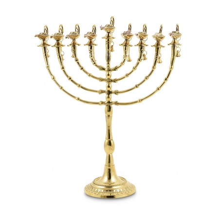 Hanukkah Menorah Golden Brass with Decorative Al... | Hanukkah Menorah