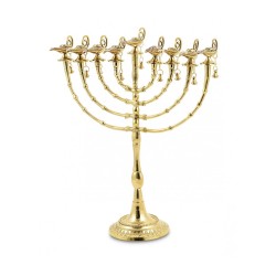 Hanukkah Menorah Golden Brass with Decorative Al... | Hanukkah Menorah