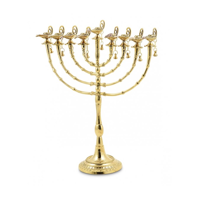 Hanukkah Menorah Golden Brass with Decorative Al... | Hanukkah Menorah
