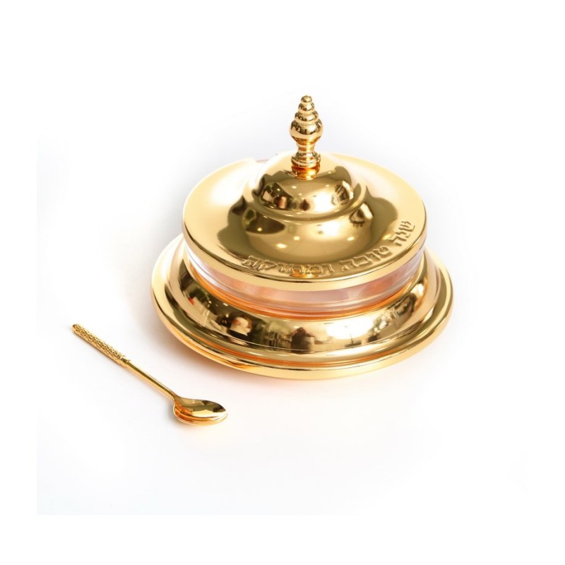 Glass and Gold Metal Honey Dish for Rosh ... | Jewish Gift from Israel