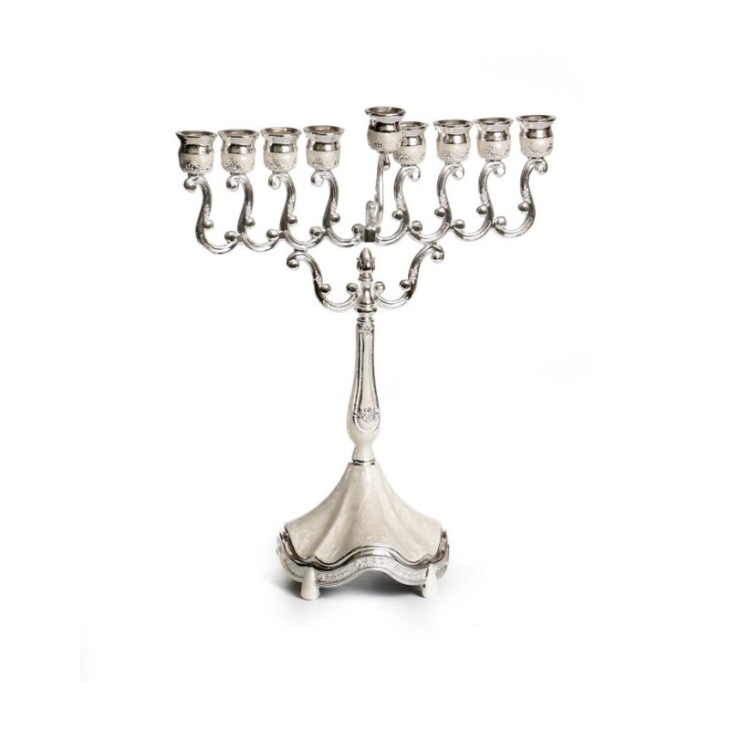 Nickel Plated Chanukah Menorah with Cream Colore... | Hanukkah Menorah