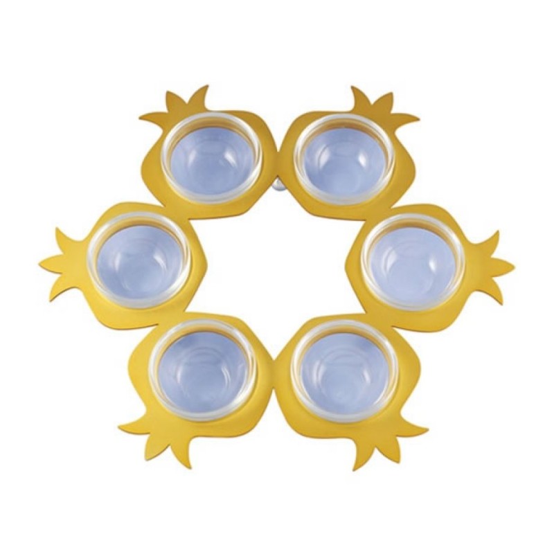 Shraga Landesman Seder Plate Gold Round Pomegranate ... | Seder Plates