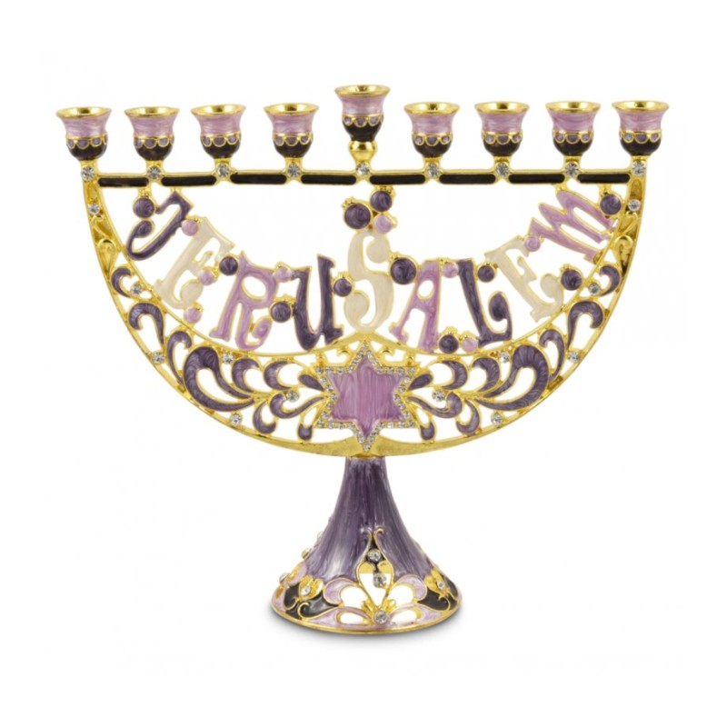 Enamel Menorah with Star of David Jerusalem Gold... | Hanukkah Menorah