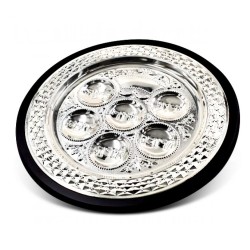 Circular Silver Plated Seder Plate with Brown Wood B... | Seder Plates
