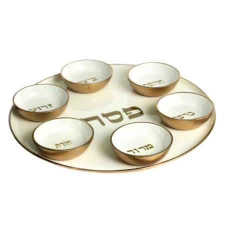 Gold and White Seder Plate with Six Matching Bowls %... | Seder Plates