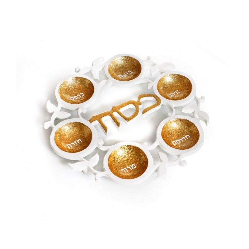 Cut Out White and Gold Seder Plate with Leaf Design ... | Seder Plates