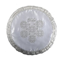 White Satiny Matzah Cover Silver Embroid... | Matzah & Afikoman Covers