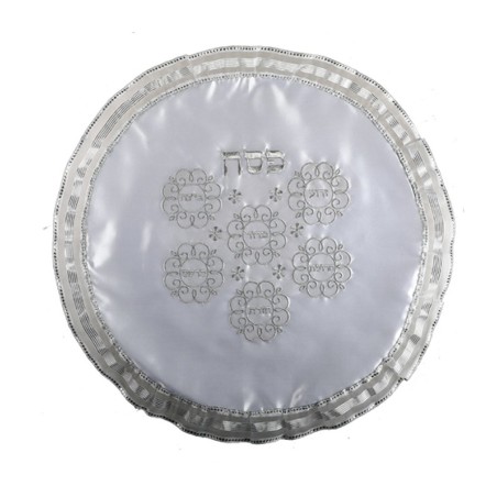 White Satiny Matzah Cover Silver Embroid... | Matzah & Afikoman Covers