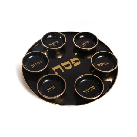 Black and Gold Enamel Seder Plate with Matching Bowl... | Seder Plates