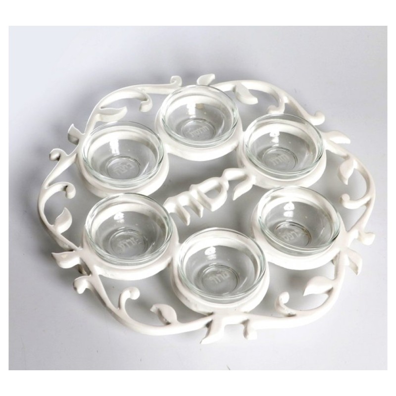 Aluminum White Enamel Seder Plate with Glass Bowls | Seder Plates