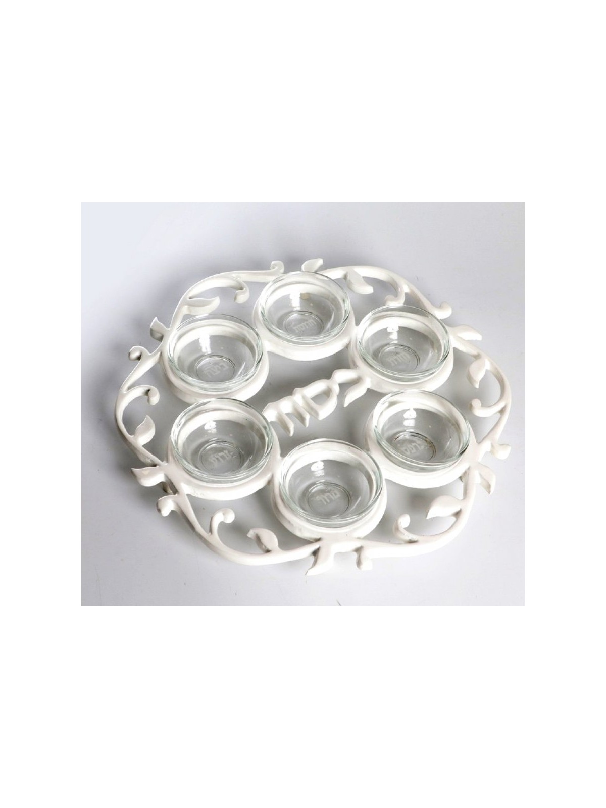 Aluminum White Enamel Seder Plate with Glass Bowls | Seder Plates